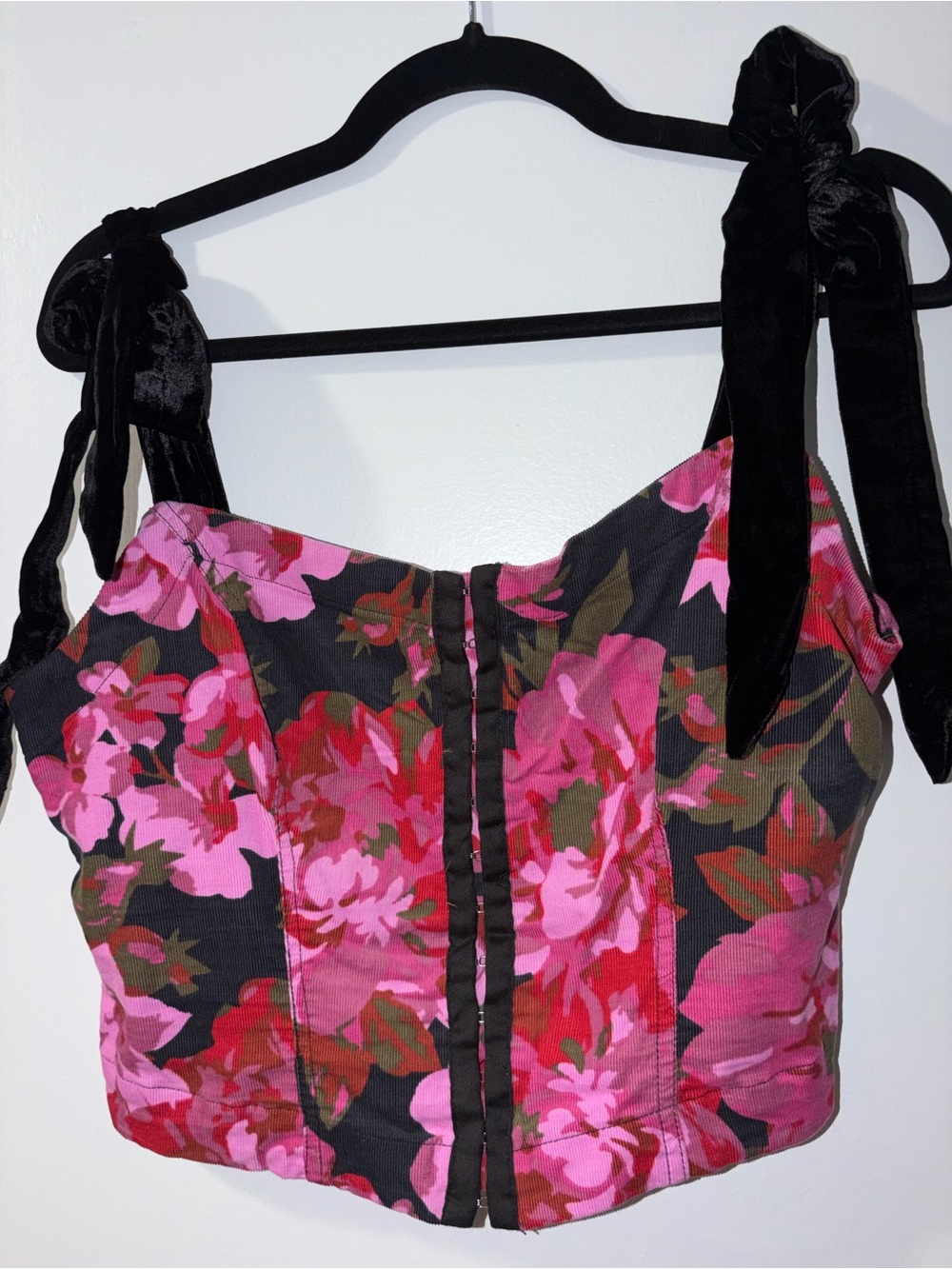 Free People Pink & Black Floral Tie-Shoulder Crop Top